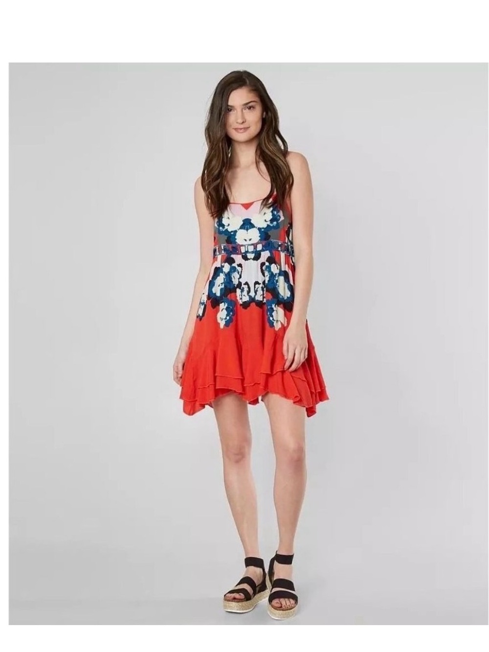 Free People Sweet Lucy Floral Mini Dress XS Coral Red Boho Tie-Back Ruffle
